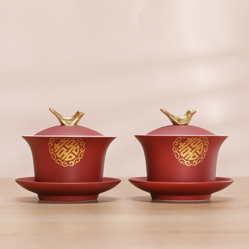 结婚敬茶杯茶具套组新婚红色盖碗对碗筷新人陪嫁新婚物品茶喜杯