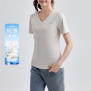 半袖 女士短袖 女装 女夏季 体恤上衣小个子V领宽松休闲运动t恤 薄款
