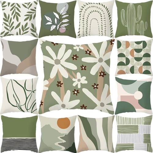 几何印花抱枕套桃皮绒绿色植物抽象家居室内沙发装饰靠枕卧室枕套
