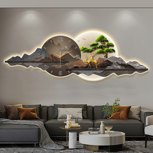 迎客松饭厅山水装饰画 画钟表挂墙挂钟LED灯画 画饭厅挂画 画客厅
