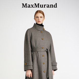 MaxMurand 金属扣 贵奢夫人 老钱风羊毛斜纹单面大衣女长款