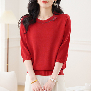 中袖上衣七分袖t恤冰丝针织衫红色喜婆婆礼服妈妈春装2025年新款