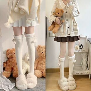 奶白色小腿袜子女秋冬款 加厚保暖蝴蝶结毛球中筒及膝堆堆袜日系jk