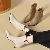 41大码 羊皮细跟裸靴尖头高跟鞋 5公分真皮瘦瘦靴软皮软底弹力靴