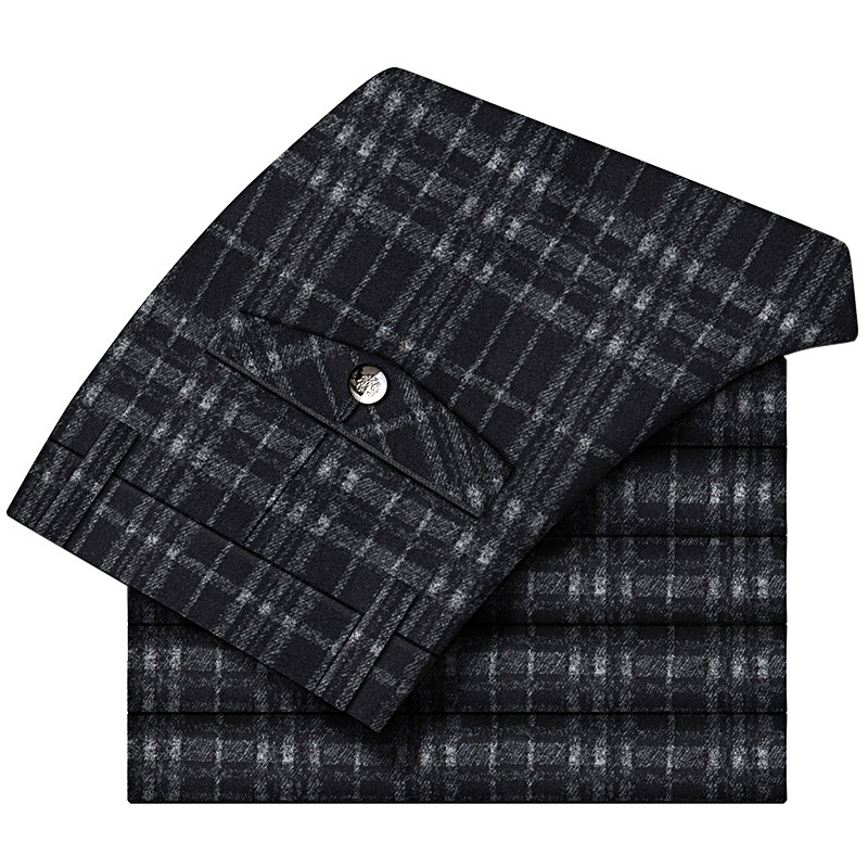 男裤秋冬款休闲裤男修身黑白格子裤男直筒毛呢裤子男冬季磨毛长裤