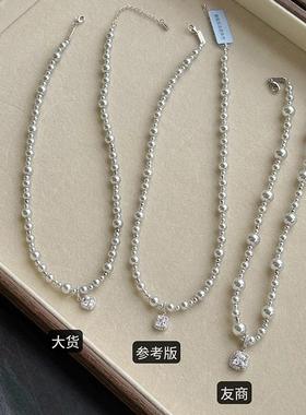 W3Studio小众气泡双层方糖项链锁骨链灰色珍珠毛衣链轻奢优雅礼物