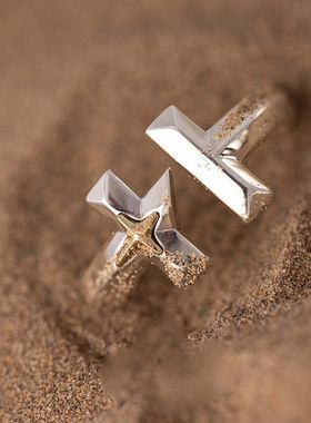 新款联名logo开口银戒指中性复古十字架嘻哈指环简约星形男士饰品