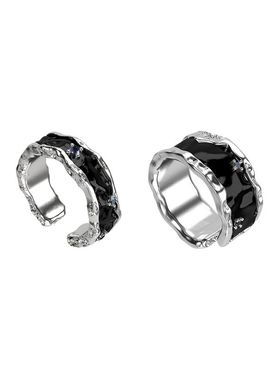 黑色滴釉开口戒指男女小众设计情侣食指戒时尚个性灰蓝色指环潮流