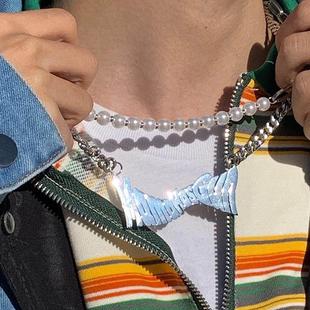 MamaHasGun美式加州覆古街头钛钢不生锈金属字母珍珠双链项链