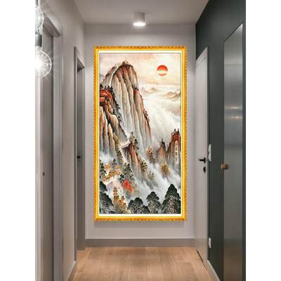 客厅入户玄关竖版泰山日出自粘装饰画办公室有山无水靠山背胶贴画