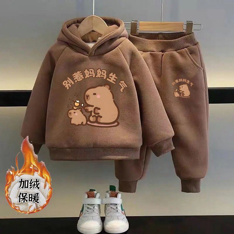 卡皮巴拉儿童加绒加厚卫衣男童秋冬两件套卡通套装帅气保暖衣服冬