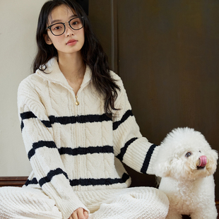 微醺小姐睡衣女套装 保暖加绒高领家居服 条纹半边绒2024新款 冬季