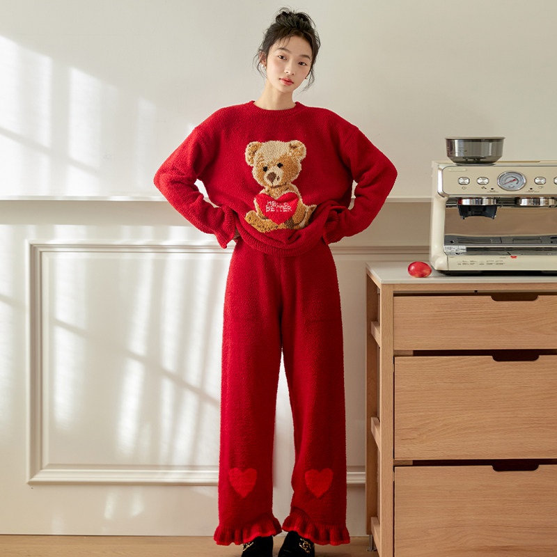 睡衣女冬季保暖半边绒加绒加厚圆领套头可外穿休闲家居服套装冬款