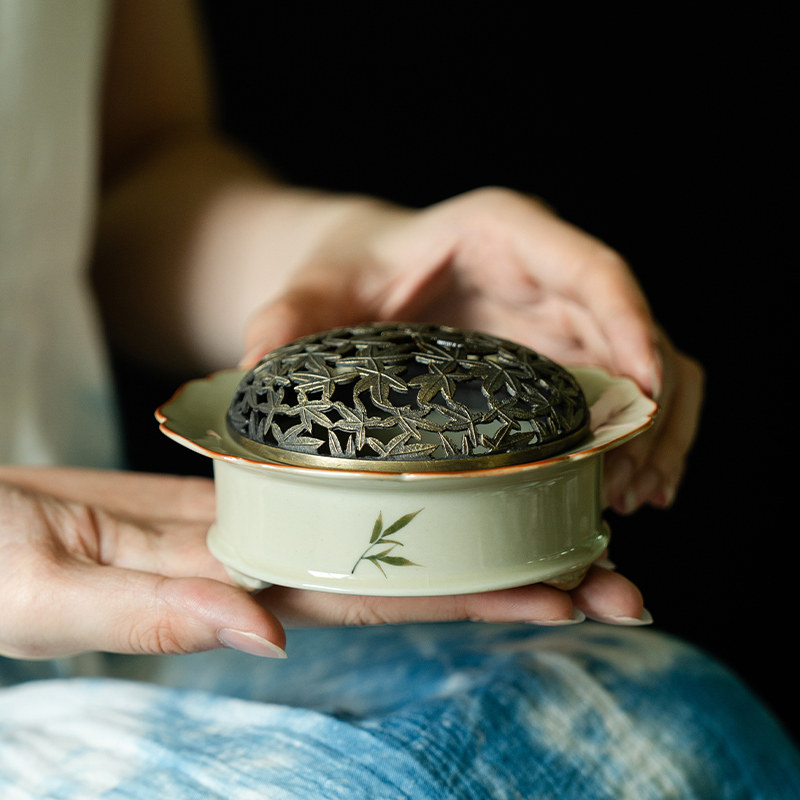观策器隐草木灰手绘筱竹檀香熏香炉茶室宋代美学香炉高级感中国风
