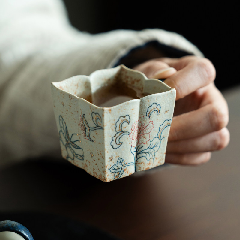 观策器隐青花火石红彷古陶瓷茶杯主人杯高档芙蓉花家用喝茶品茗杯