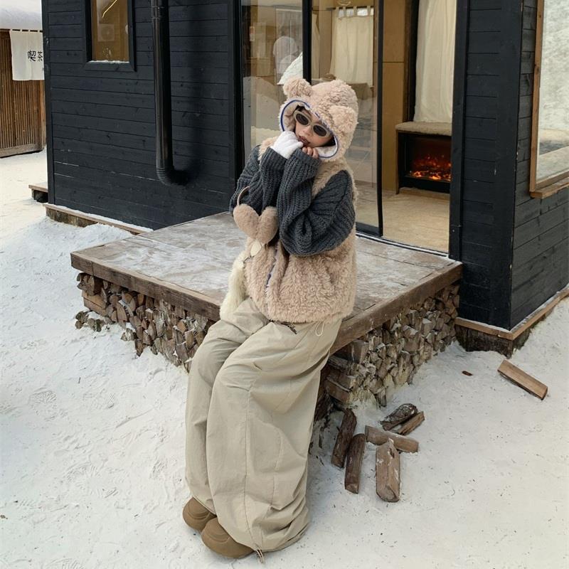 195大喜 熊耳朵连帽马甲棉服外套女冬季叠穿宽松百搭羊羔毛棉衣潮