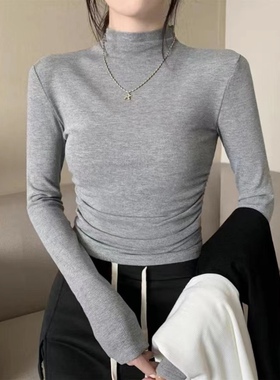 半高领加绒抽褶打底衫内搭女秋冬季修身紧身长袖正肩t恤上衣508