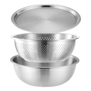 食品级304不锈钢盆洗菜盆沥水篮家用厨房漏盆淘米神器汤盆带盖盆
