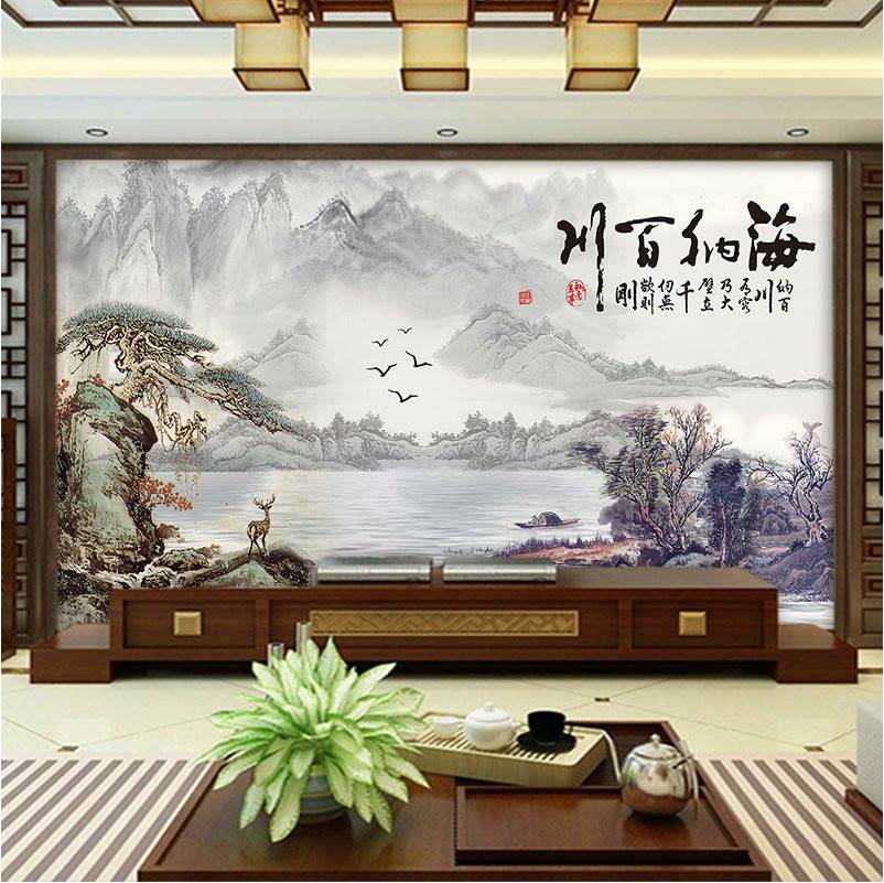 新中式海纳百川电视背景墙布水墨山水画客厅沙发壁布卧室影视壁画
