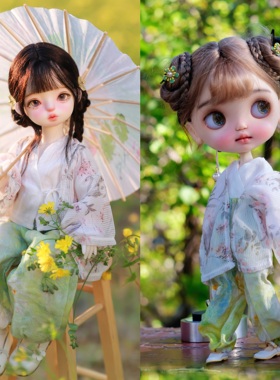 bjd6分 ob24 小布blythe 早春浅绿套装雪纺外衫泡泡袖上衣灯笼裤
