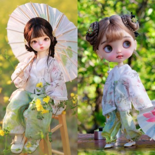 bjd6分 ob24 小布blythe 早春浅绿套装雪纺外衫泡泡袖上衣灯笼裤