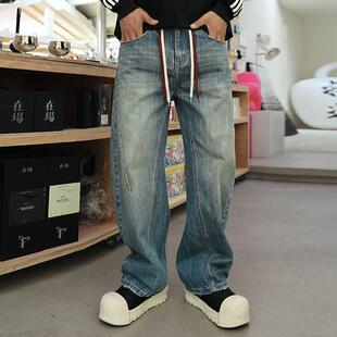 腰部抽绳极简多口袋牛仔裤 巴黎风日系街头复古蓝百搭款 休闲长裤