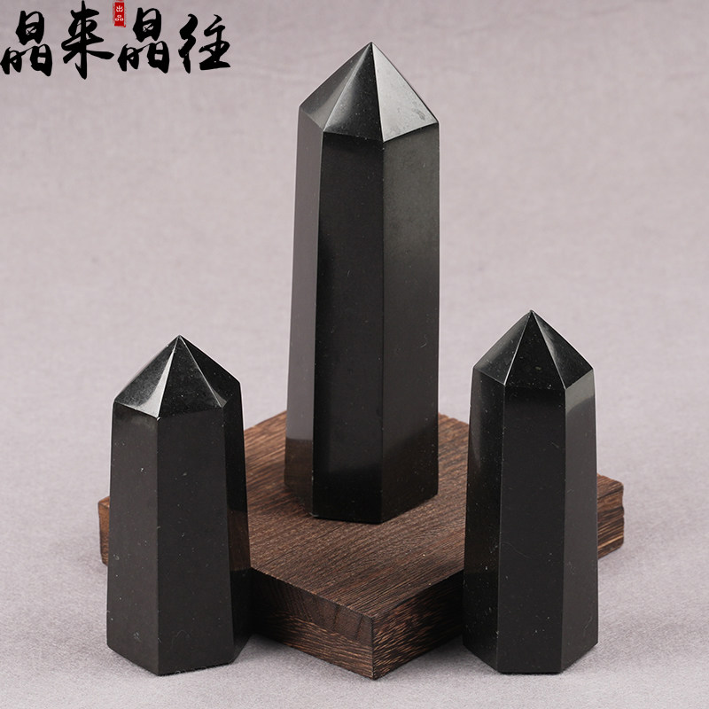 天然黑碧玺六棱柱摆件托玛琳水晶柱原矿石打磨桌面摆设非黑曜石