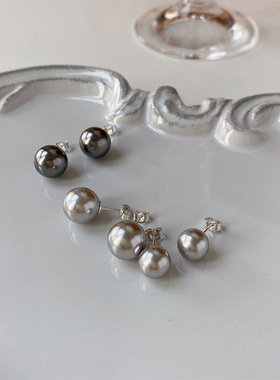 925纯银施家大溪地黑珍珠耳钉女灰色耳坠复古正圆强光质感耳饰