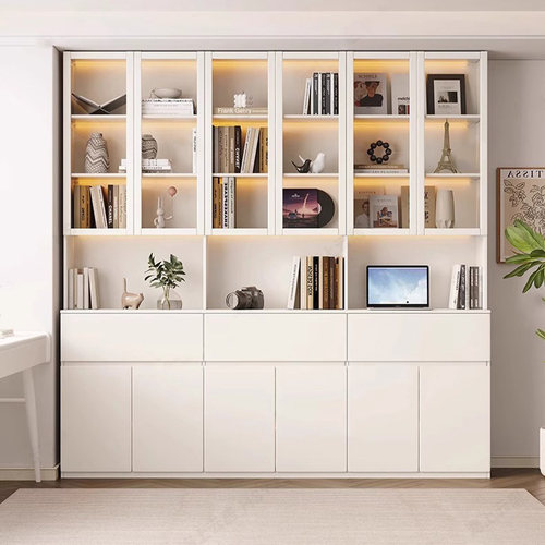 定制蜂窝铝书柜玻璃门展示家用落地奶油风靠墙一体收纳储物置物架