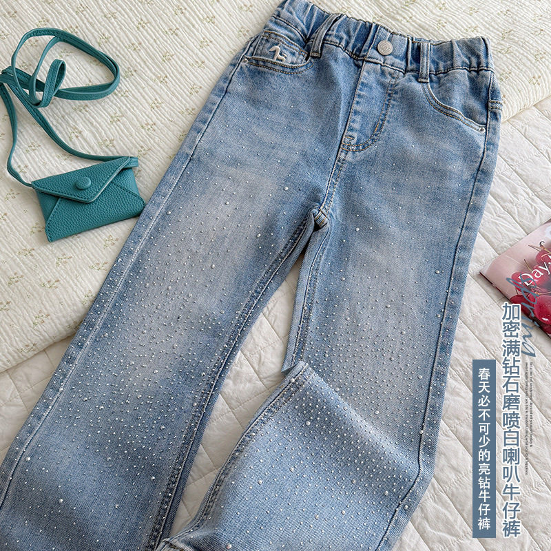 女童裤子加密满钻石磨喷白喇叭牛仔裤2026新款湖州织里童装