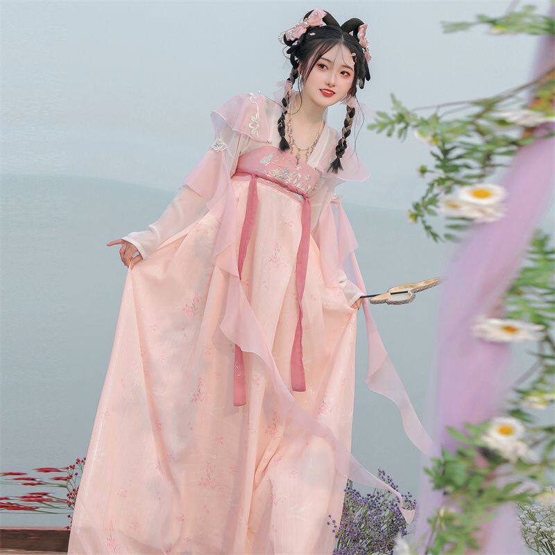 바람 얕은 봄 사쿠라 한복 여성 당나라 한 엘레메