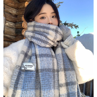 加厚保暖高级感情侣围脖学生礼物 韩版 2025新款 蓝色格子围巾女冬季