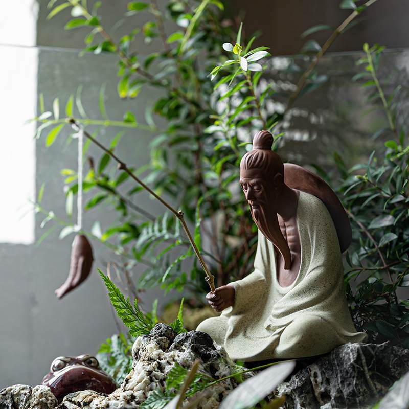 姜太公钓鱼大号陶瓷渔翁老人物摆件鱼缸假山水景微景观造景装饰品