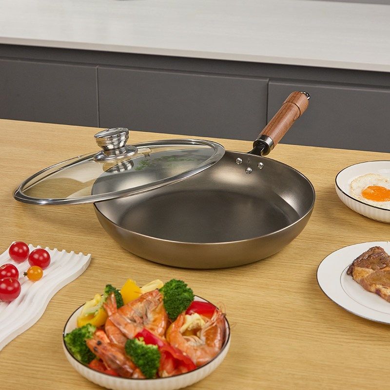 精选康厨诺纯钛煎锅锻打镜面全钛无涂层不粘锅家用平底锅燃气灶专