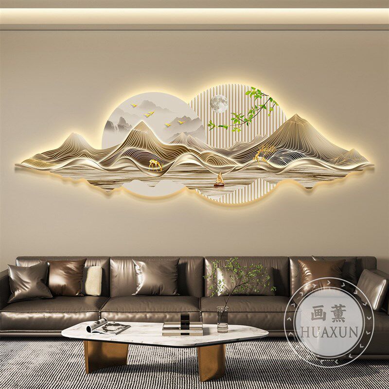 轻奢带灯客厅装饰画沙发背景墙挂画餐厅壁画简约现代高级感山水画