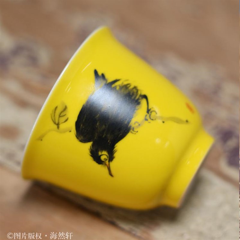草木灰黄釉 潮州手工功夫茶具 手绘小鸟品茗杯单丛工夫茶杯 小号