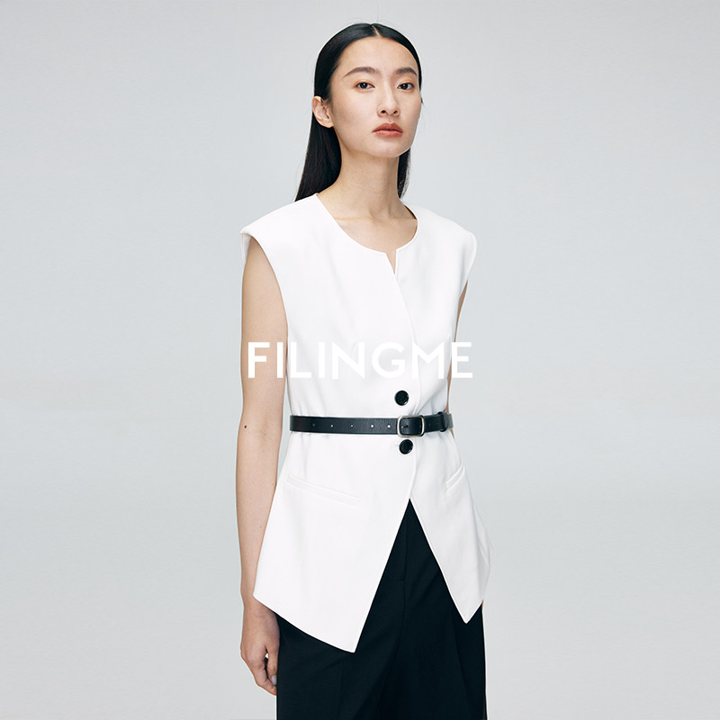 菲埃琳FILINGME 26夏装新款显瘦束腰后开衩无袖白色高级感马甲女