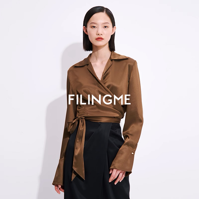 菲埃琳FILINGME 2025春装新款绑带时尚显瘦通勤V领长袖醋酸衬衫