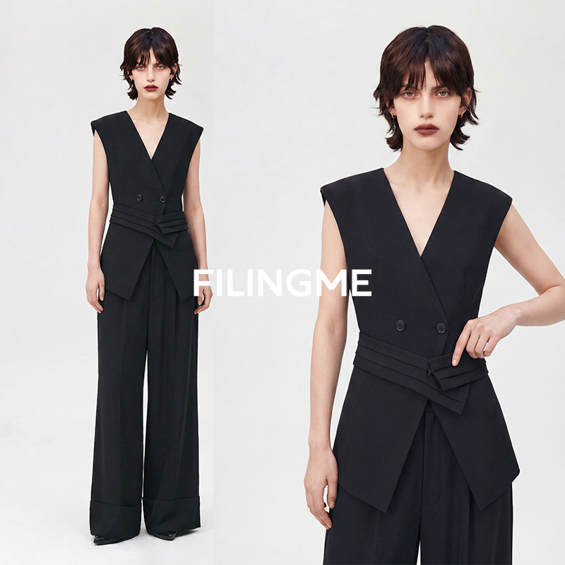菲埃琳FILINGME 26夏季新款通勤简约 时尚极简无领马甲（带腰封）