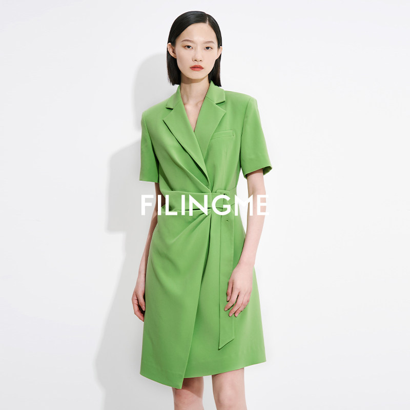菲埃琳FILINGME26夏季新款系带束腰简约高级感短袖醋酸西装连衣裙