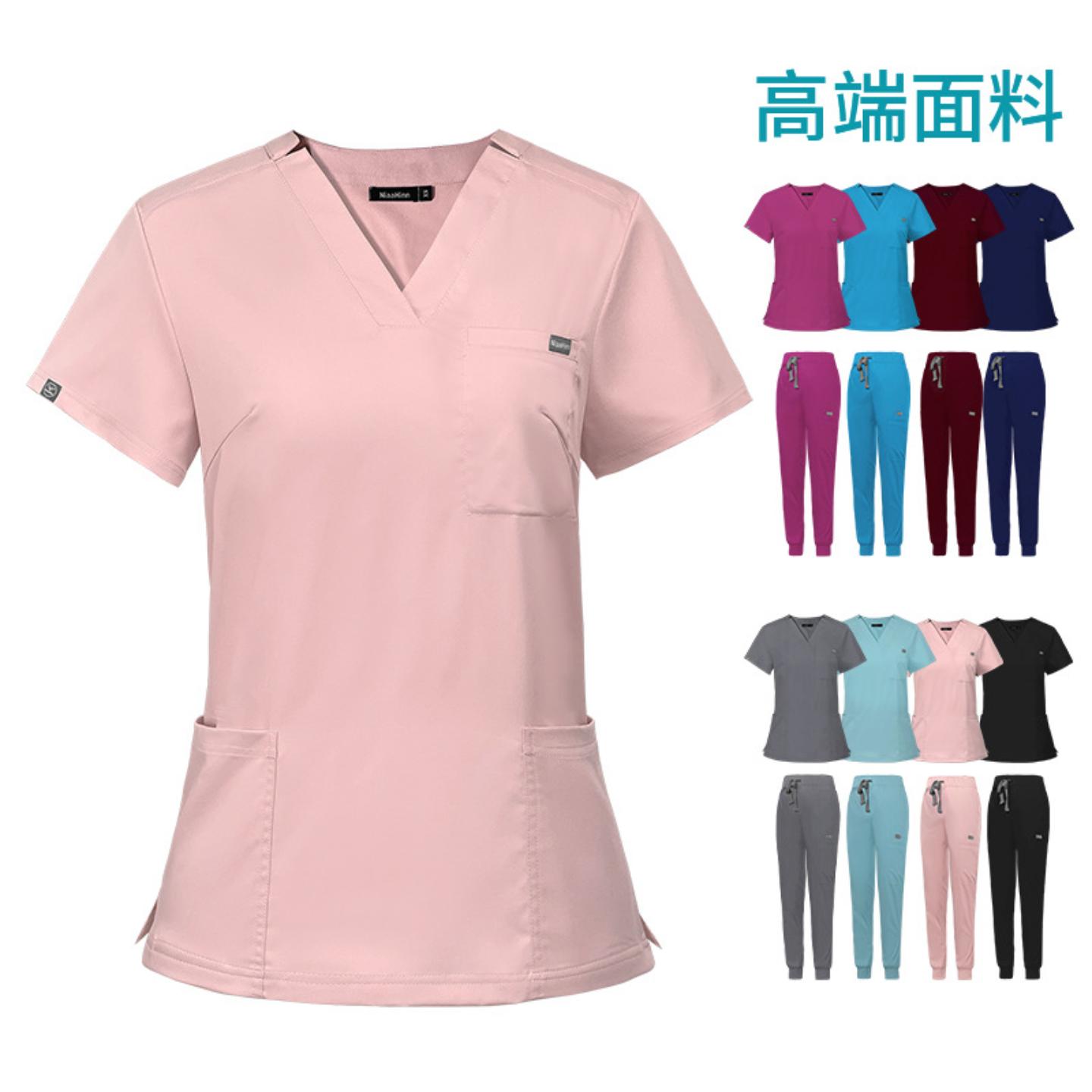 亚马逊弹力手术服V领短袖医院护士服套装女手术室洗手衣现货