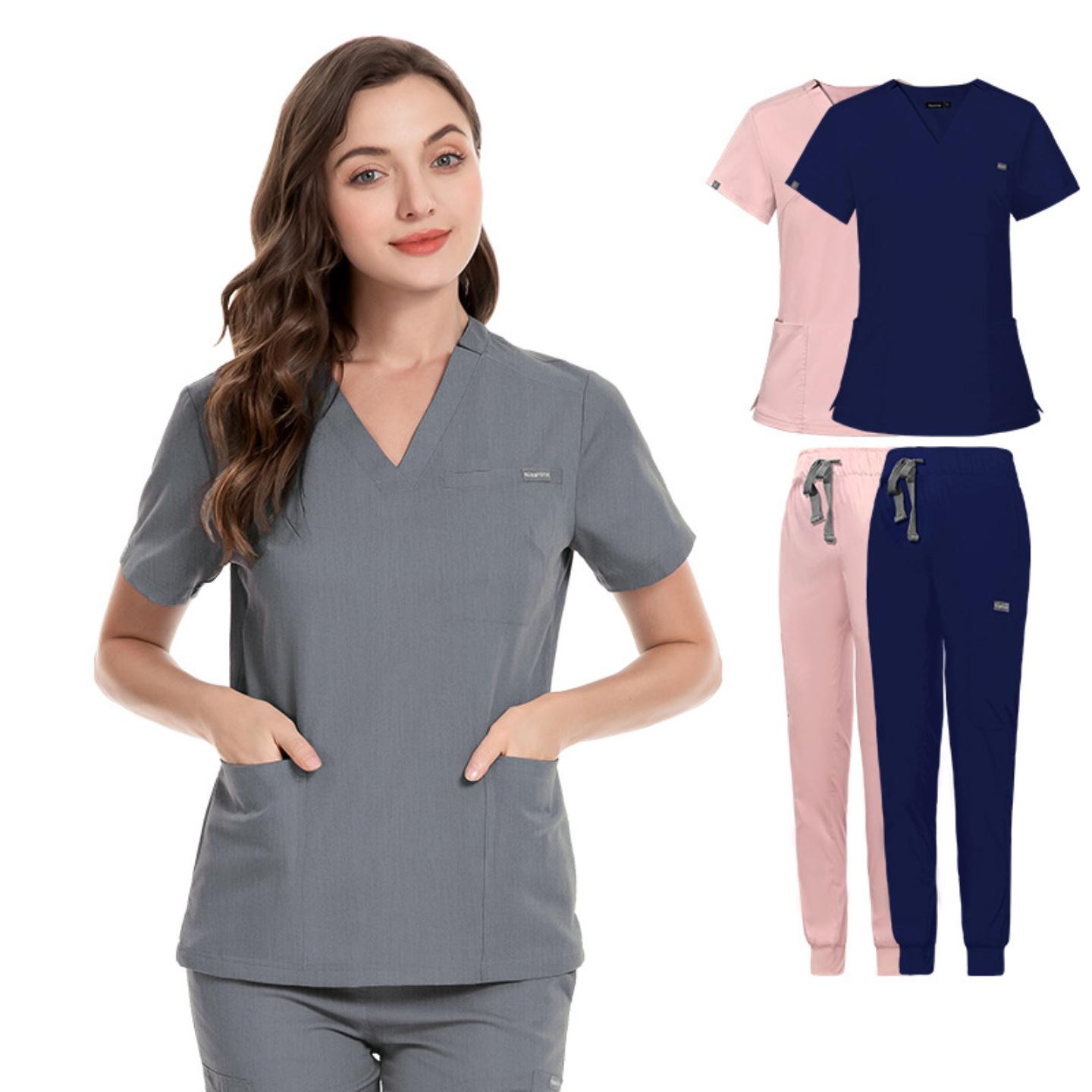 亚马逊弹力手术服V领短袖医院护士服套装女韩版洗手衣男现货