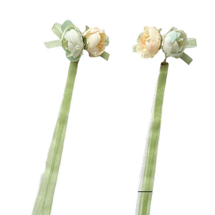 原创 汉服长飘带发饰蔡文姬花朝如约清新黄绿色头饰仿真绢花对夹