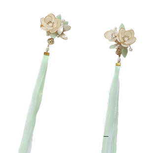 原创 汉服长飘带发饰儿童花朝如约清米白色头饰清新对夹