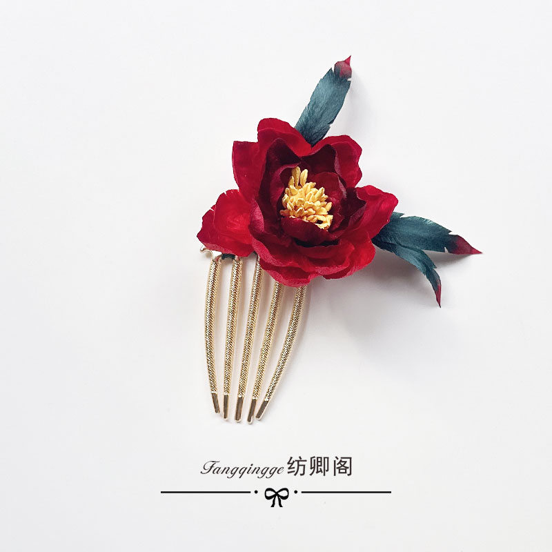 原创【绯红金蕊】手工非遗手作蚕丝绒花发梳深红牡丹古风气质发饰