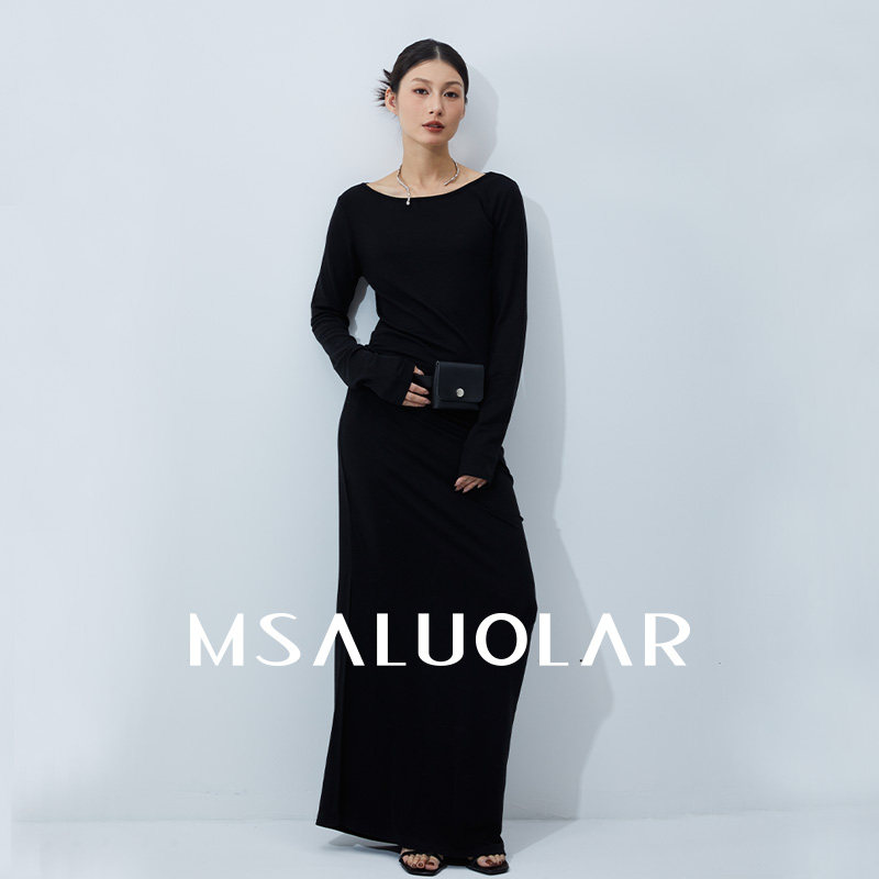 MSALUOLAR罗拉小姐 高奢质感天丝裙子初春气质连衣裙收腰垂顺长裙