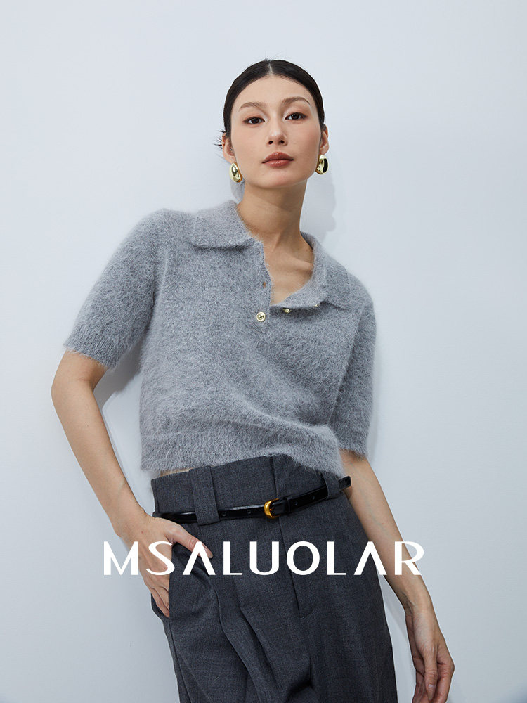 MSALUOLAR罗拉小姐 重磅高奢兔毛纱POLO领香风短款针织T恤衫女