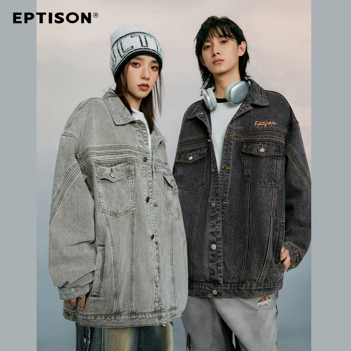 Eptison秋季新品美式复古潮酷牛仔外套时尚设计水洗宽松工装夹克