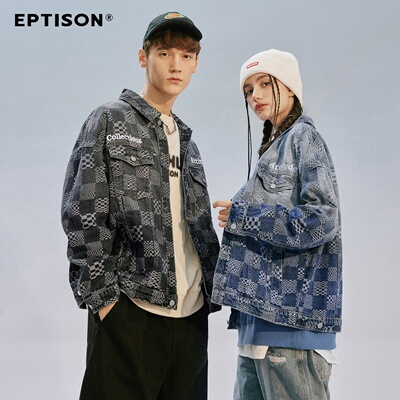 Eptison秋季新款宫西达也系列潮牌牛仔夹克时尚格子外套男女同款