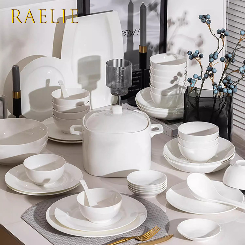 RAELIE碗碟套装家用轻奢高级感骨瓷餐具套装欧式白色乔迁碗筷碗具
